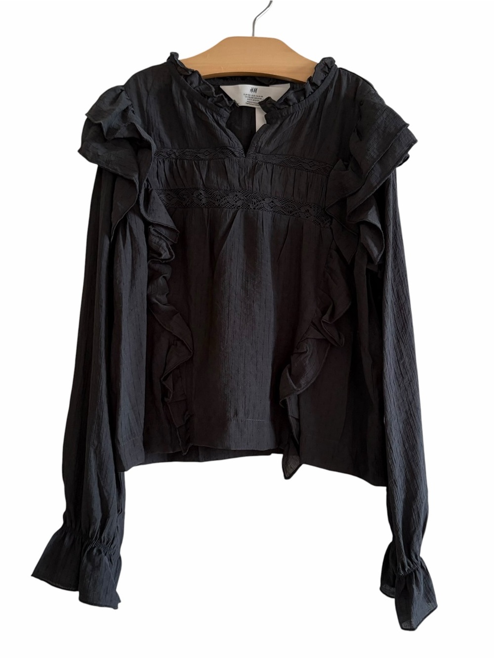 NEW H&M Black Ruffled Long-Sleeve Top